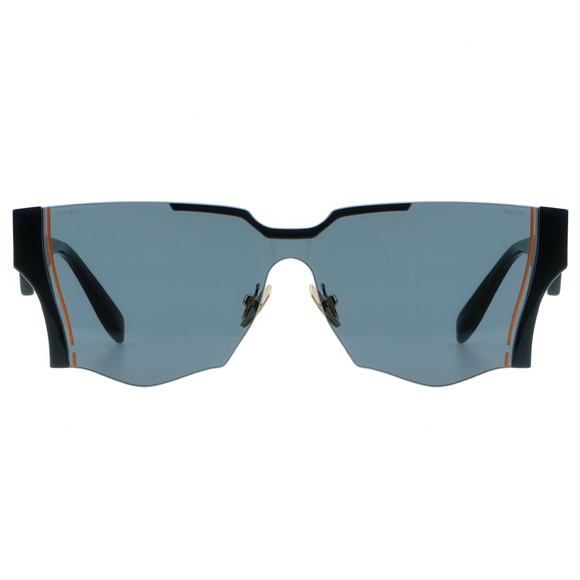 Sunglasses with black frame and blue lenses on a white background