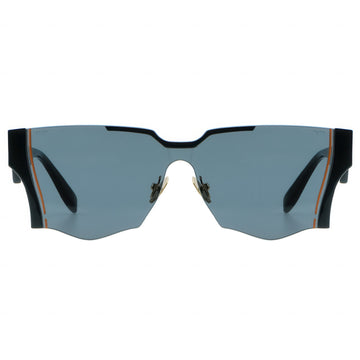 Sunglasses with black frame and blue lenses on a white background