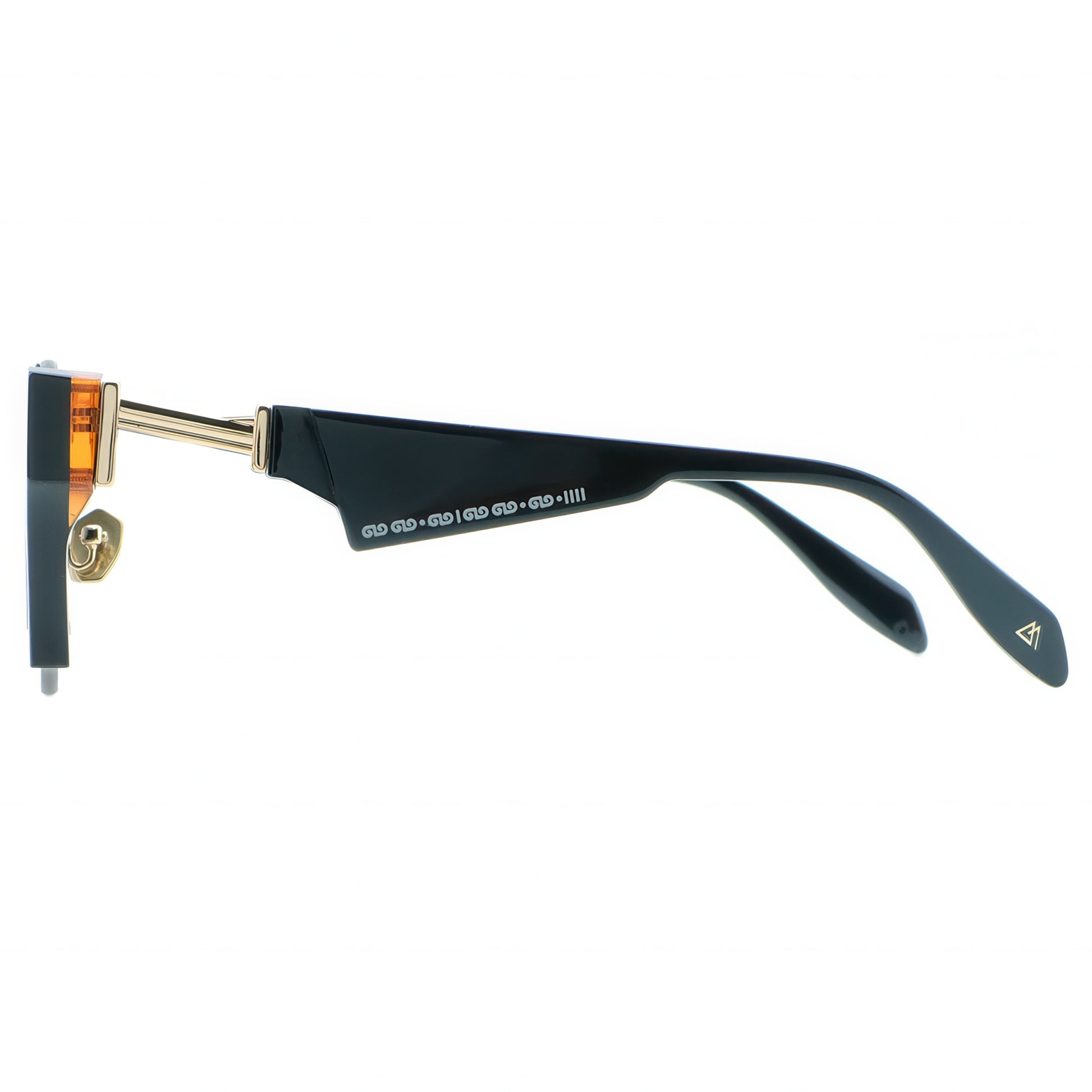 Sunglasses with black frame and gold accents on a white background