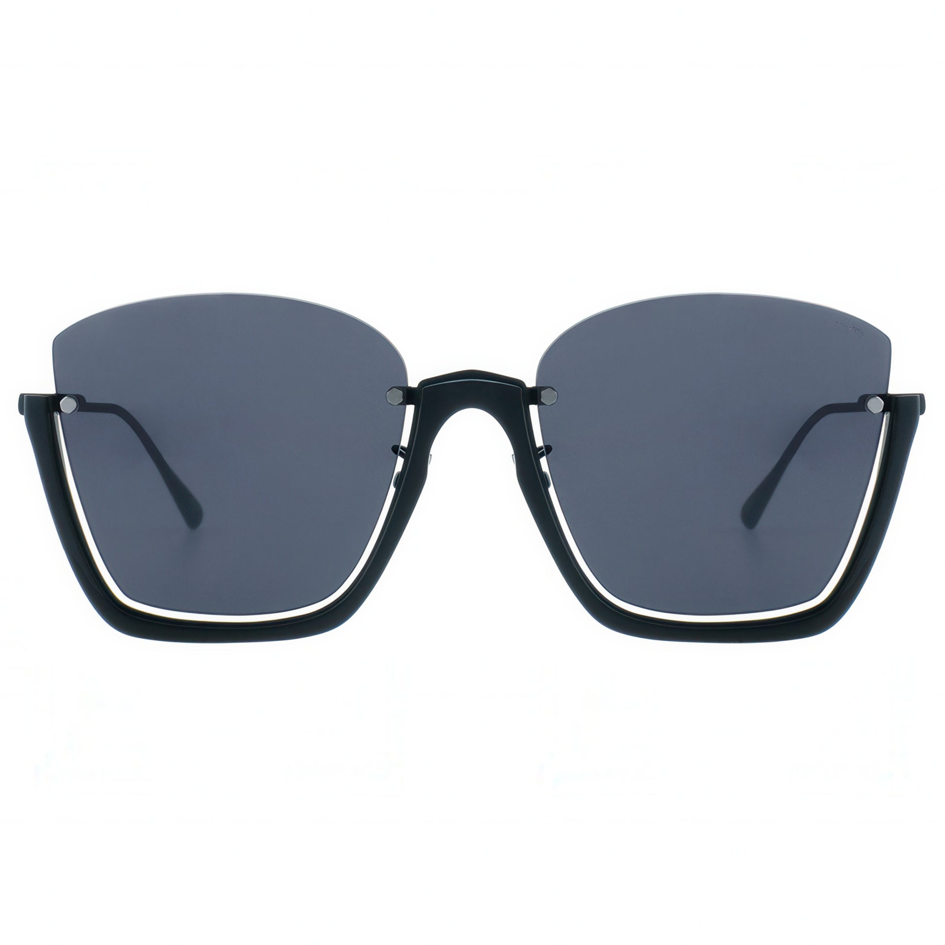 Sunglasses with black half frame and gray lenses on a white background