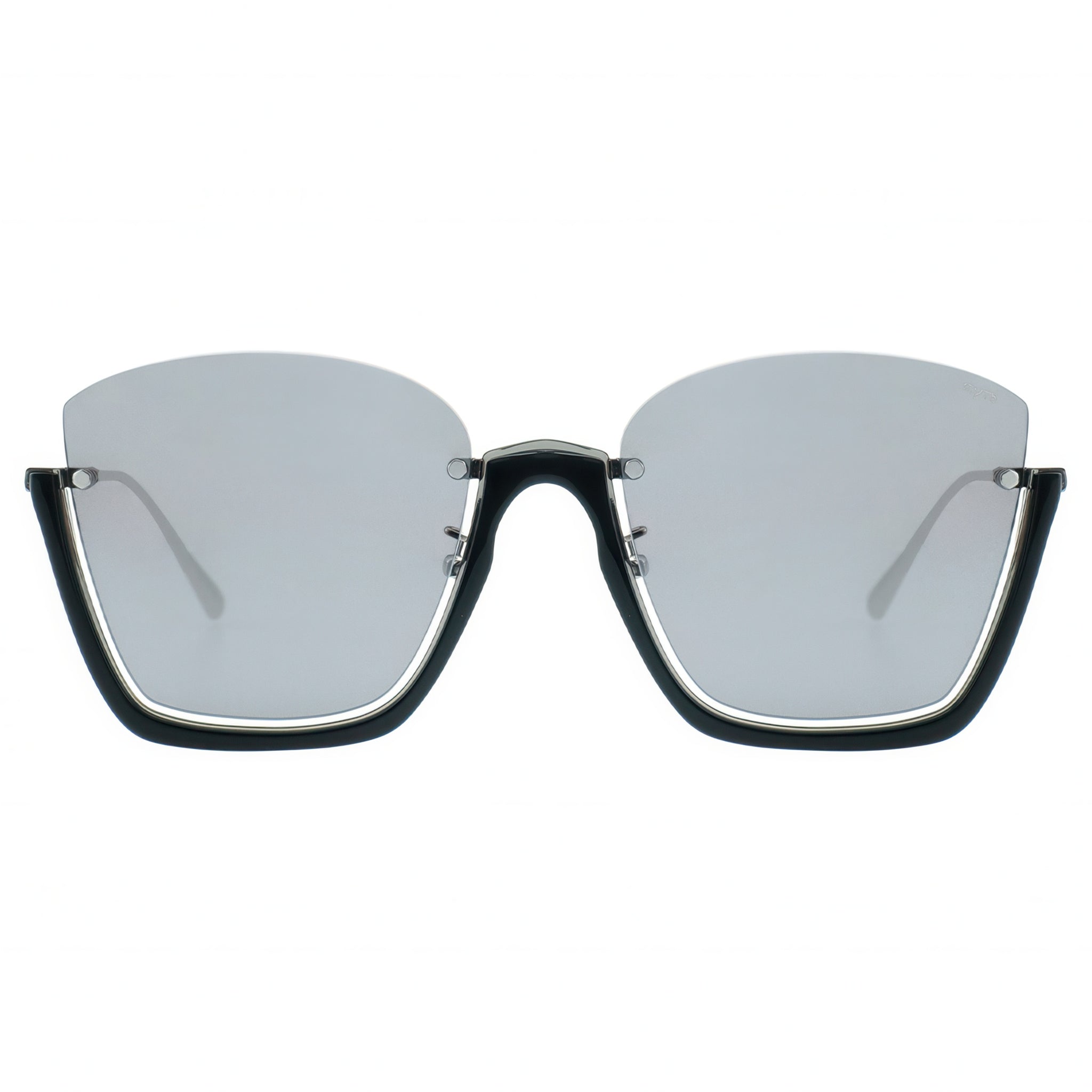 Sunglasses with black half frame and reflective lenses on a white background