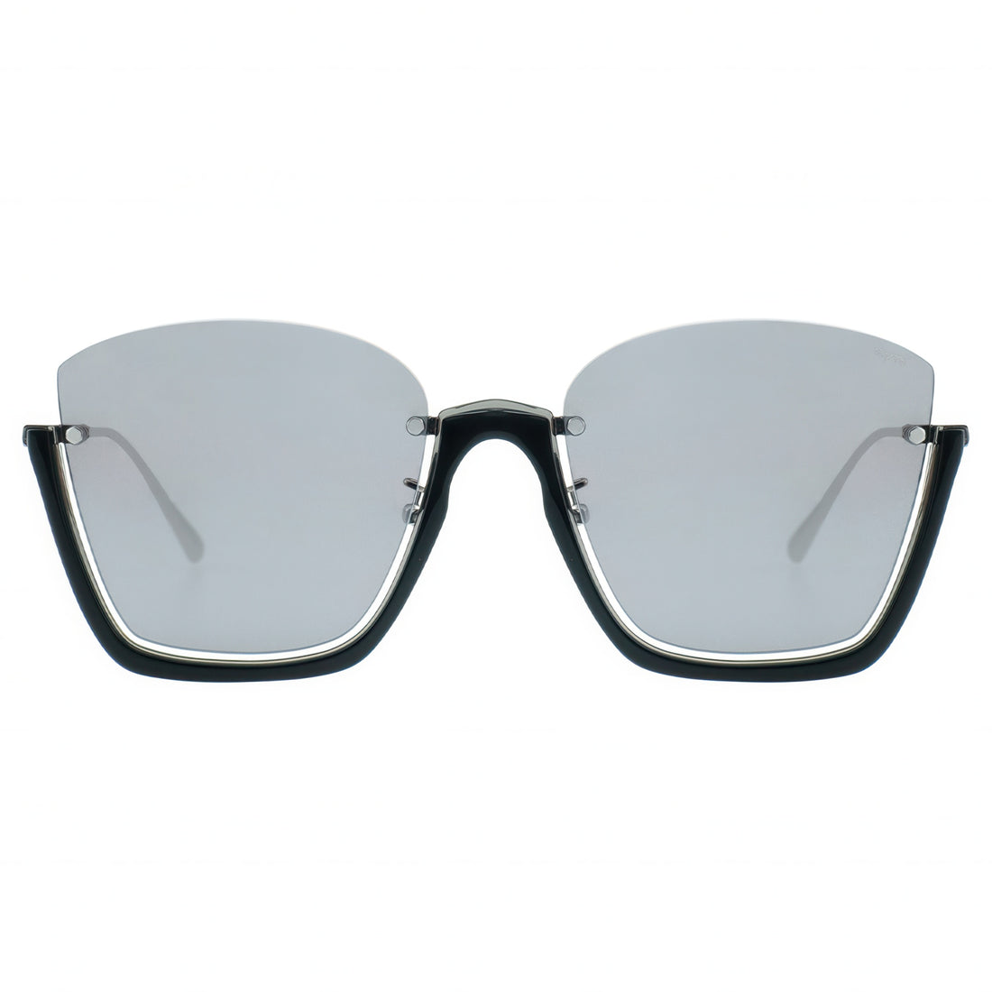 Sunglasses with black half frame and reflective lenses on a white background