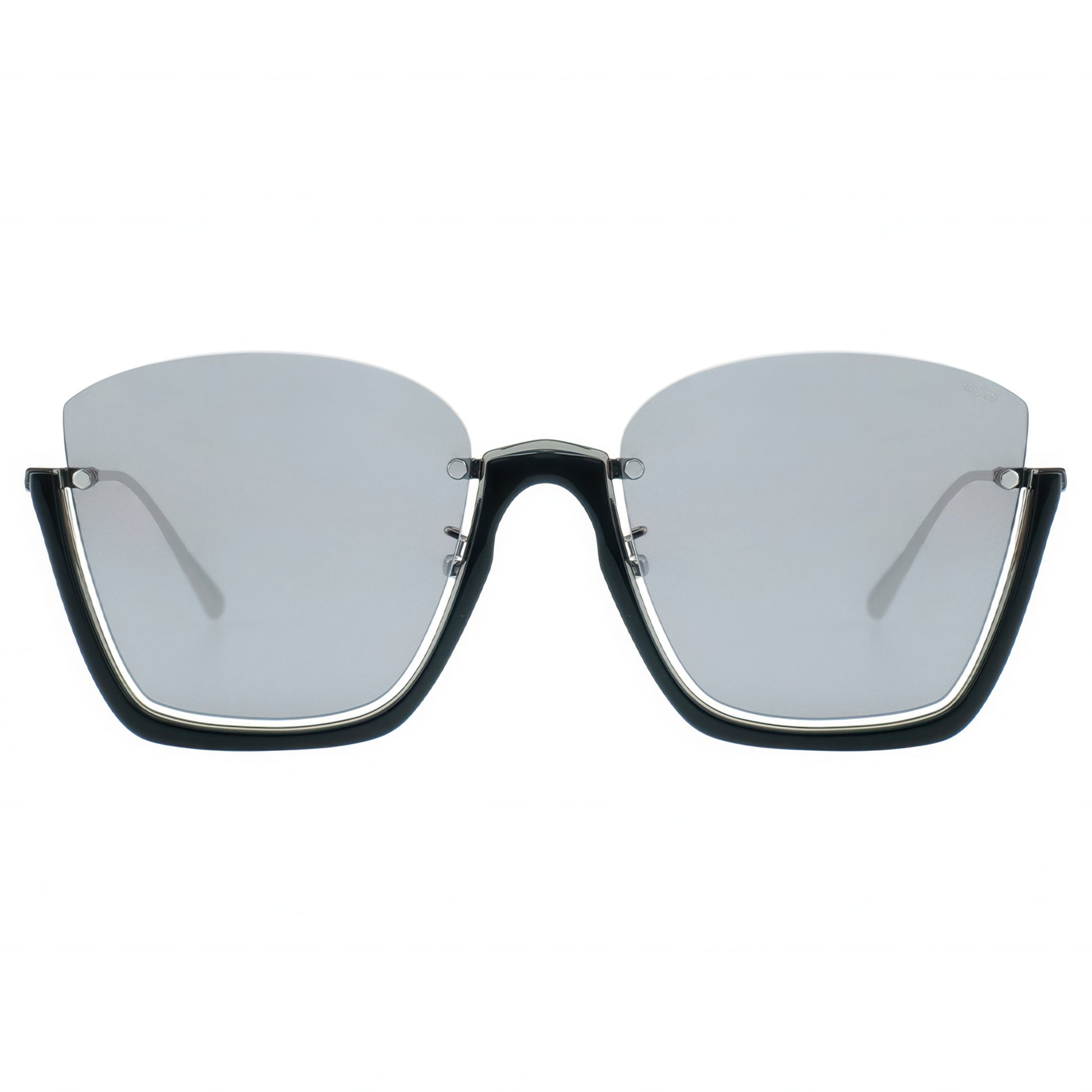 Sunglasses with black half frame and reflective lenses on a white background
