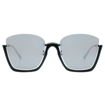 Sunglasses with black half frame and reflective lenses on a white background