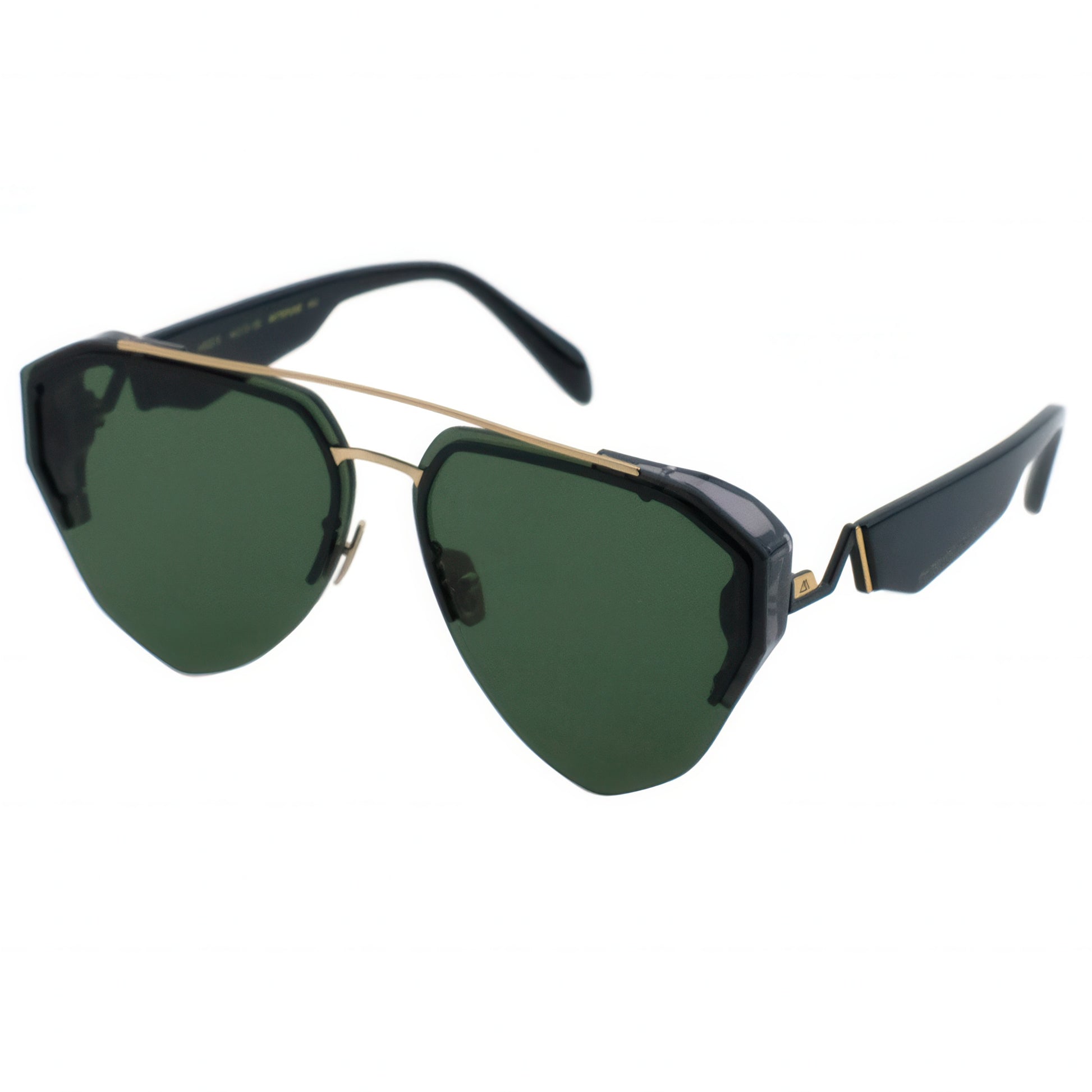 Sunglasses with black frames and green lenses on a white background