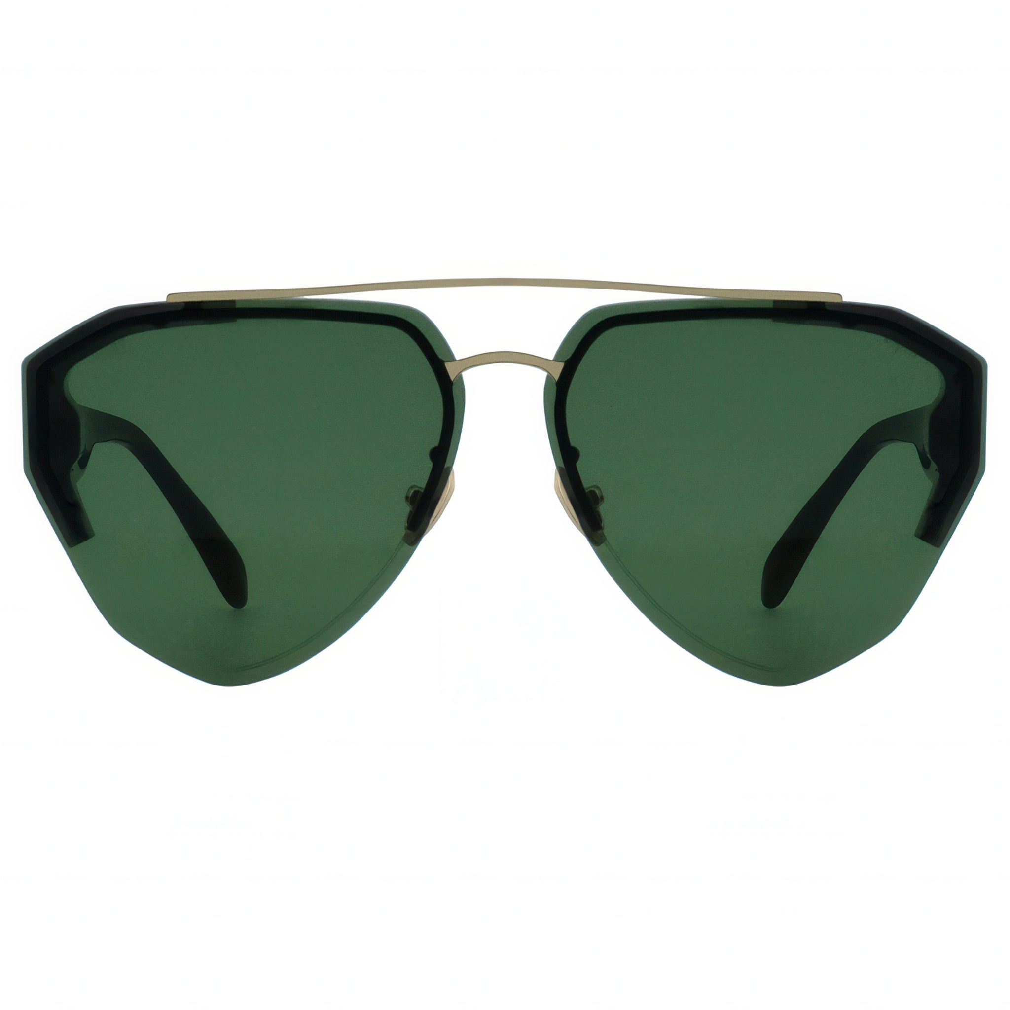 Sunglasses with green lenses and gold frame on a white background