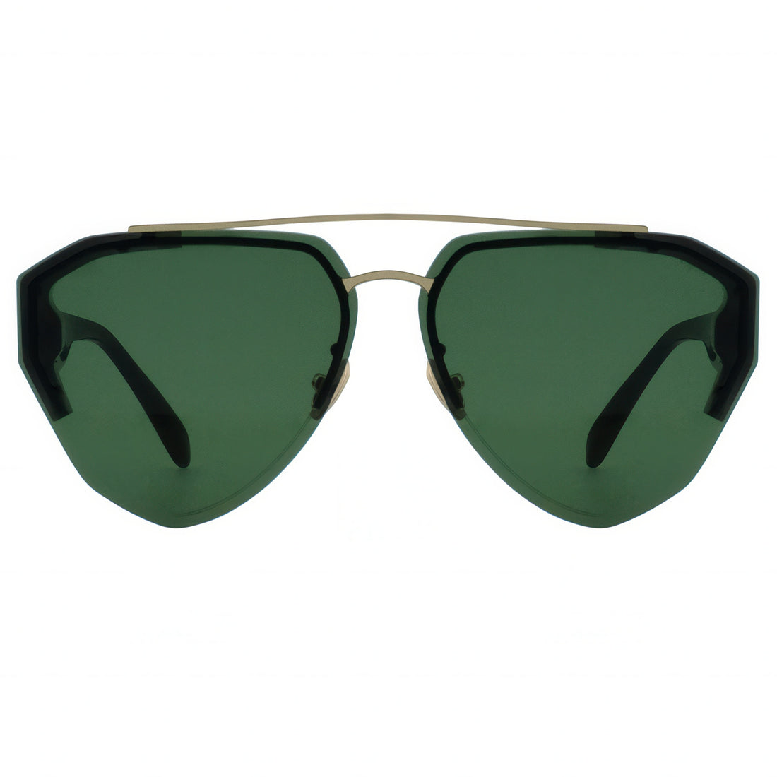 Sunglasses with green lenses and gold frame on a white background