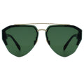Sunglasses with green lenses and gold frame on a white background