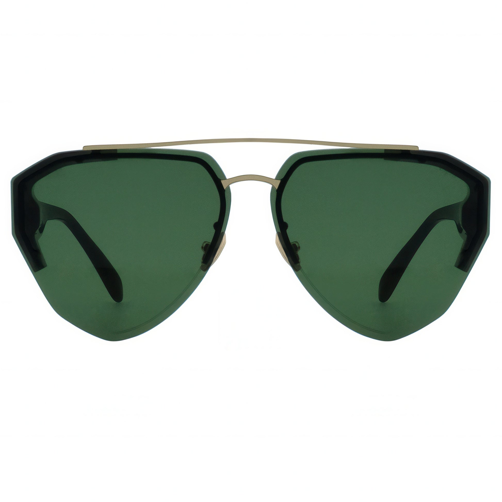 Sunglasses with green lenses and gold frame on a white background