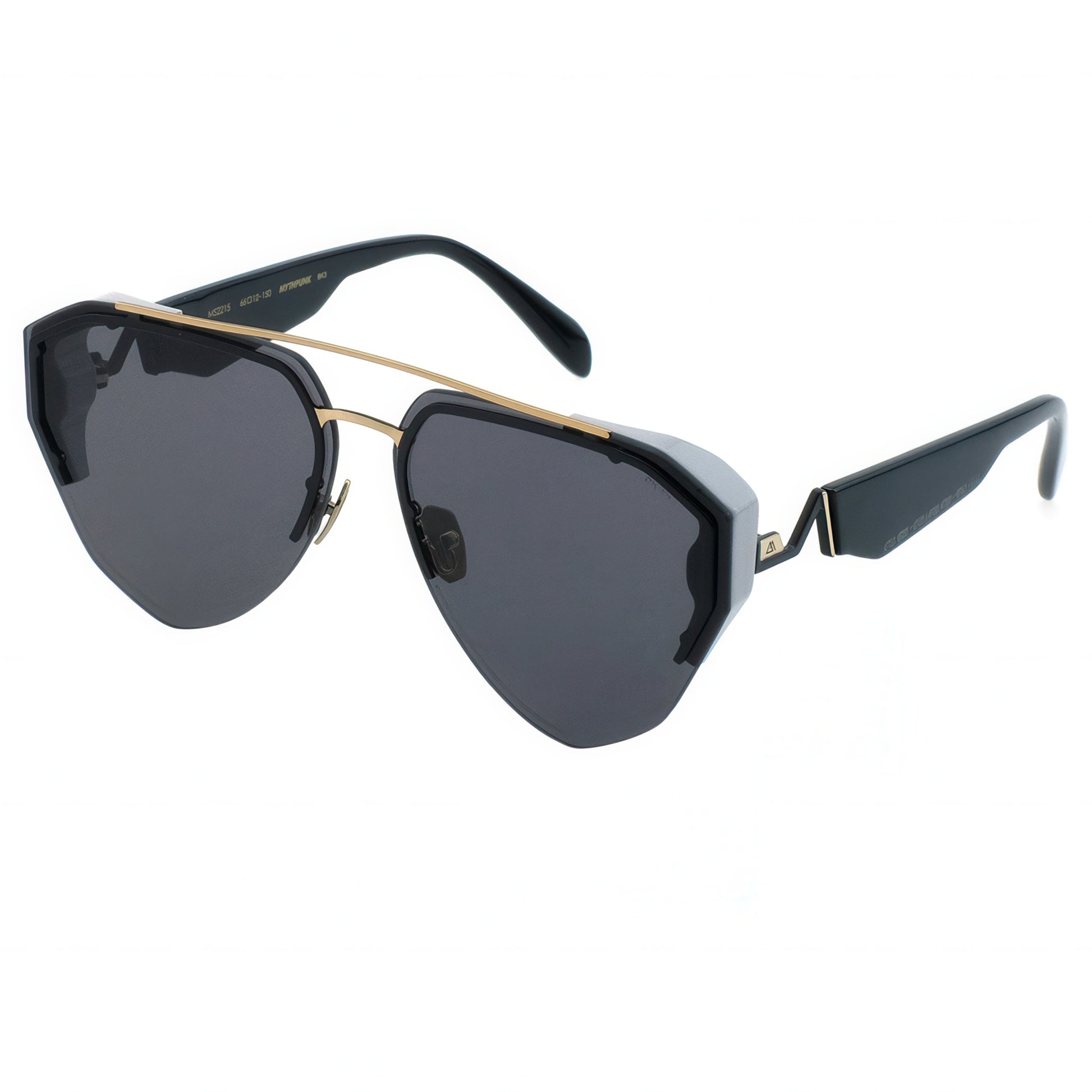 Sunglasses with black lenses and gold frames on a white background