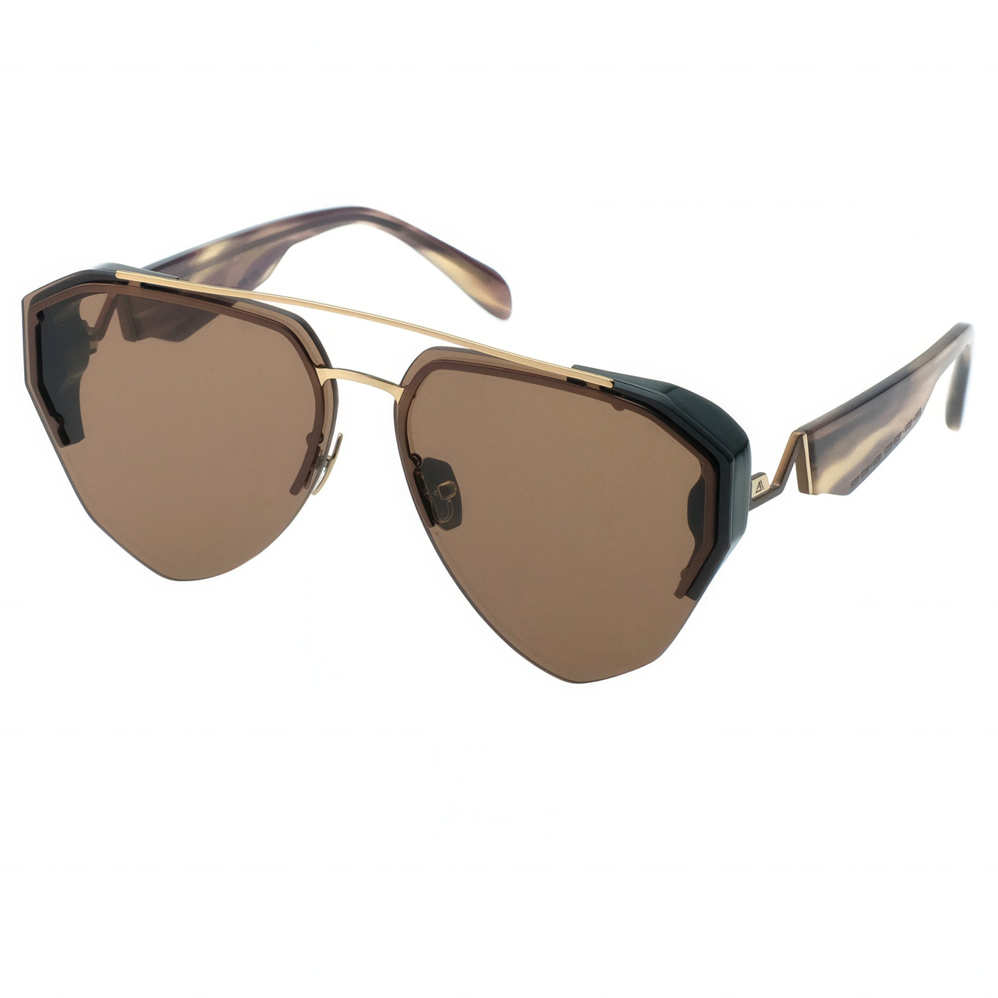 Sunglasses with a gold frame and brown lenses on a white background