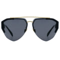 Sunglasses with black lenses and gold frame on a white background
