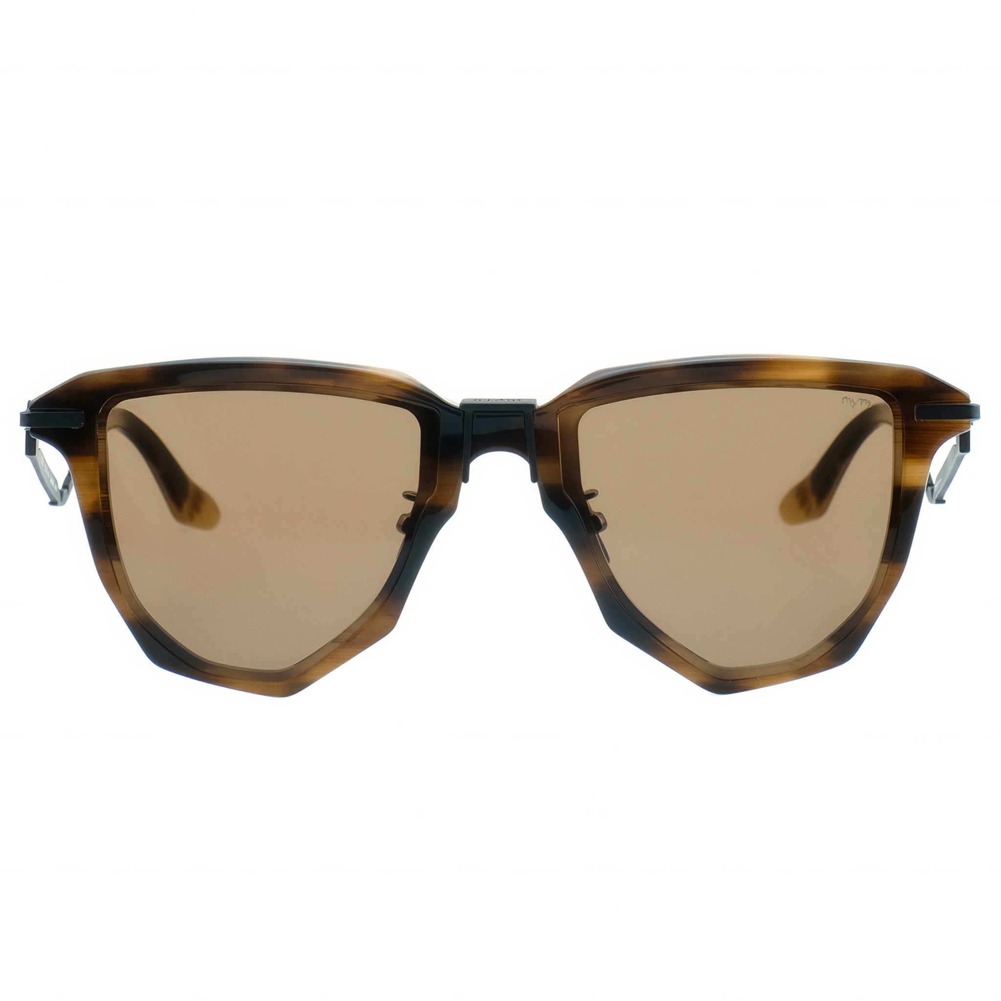 Sunglasses with tortoiseshell frame and brown lenses on a white background