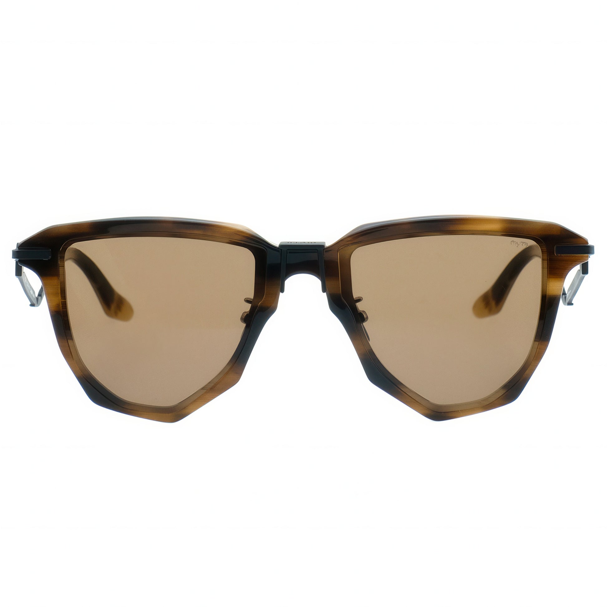 Sunglasses with tortoiseshell frame and brown lenses on a white background