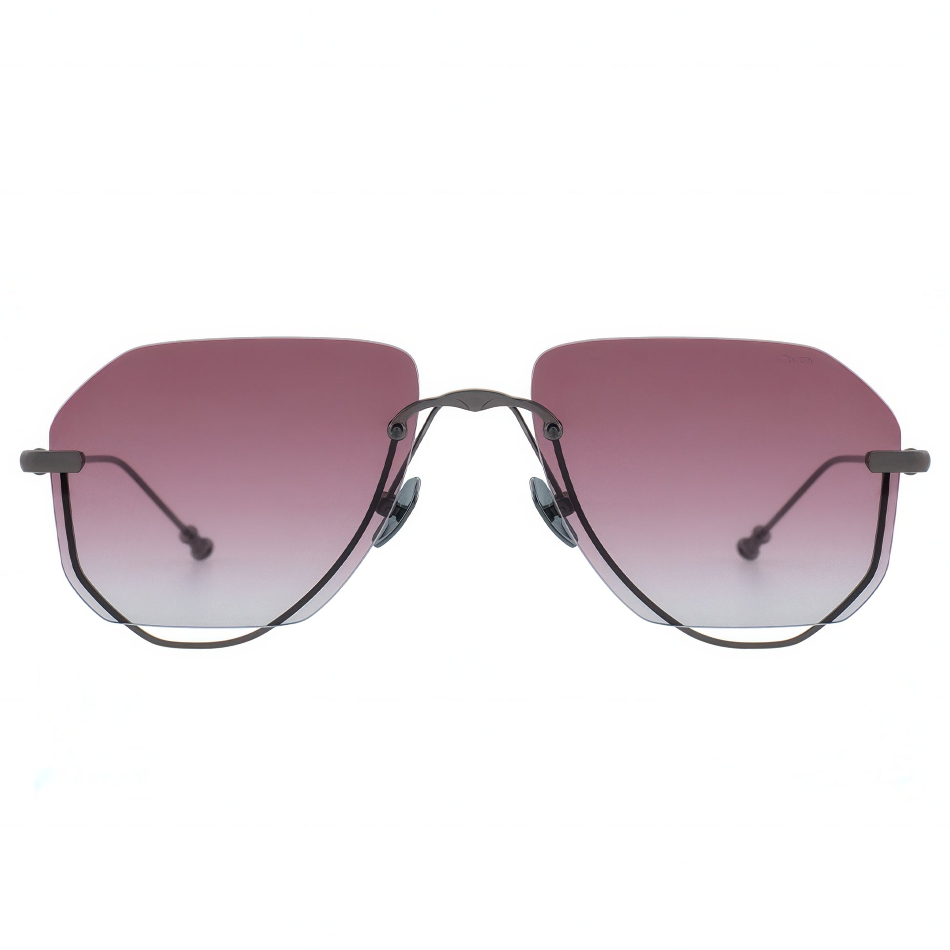 Sunglasses with gradient purple lenses on a white background