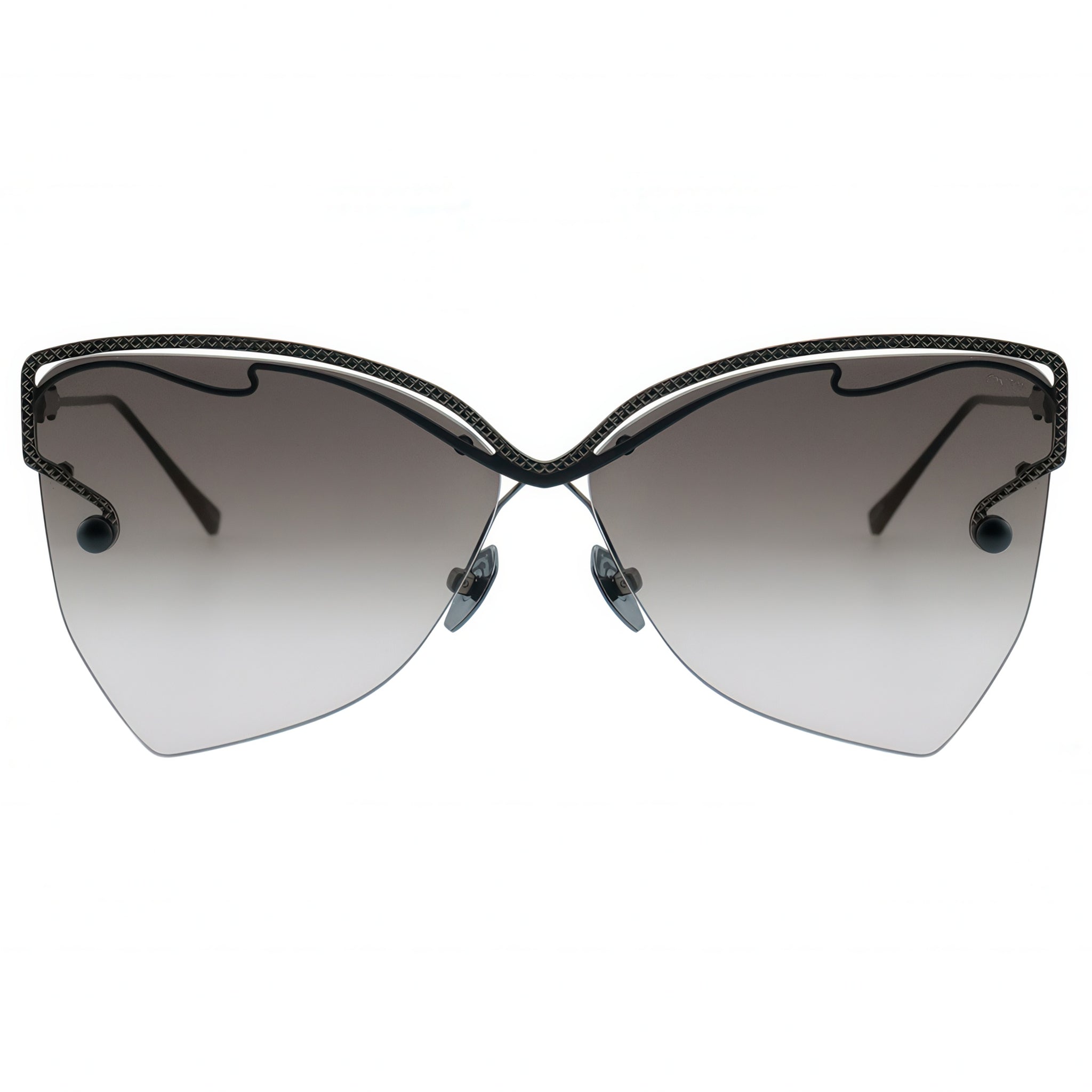 Sunglasses with a black frame and gradient lenses on a white background