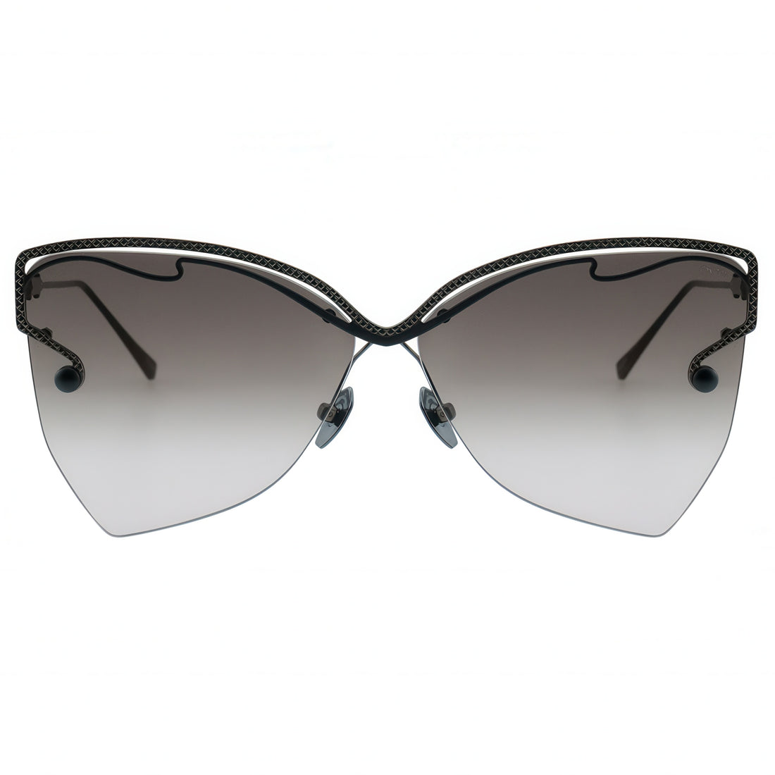 Sunglasses with a black frame and gradient lenses on a white background