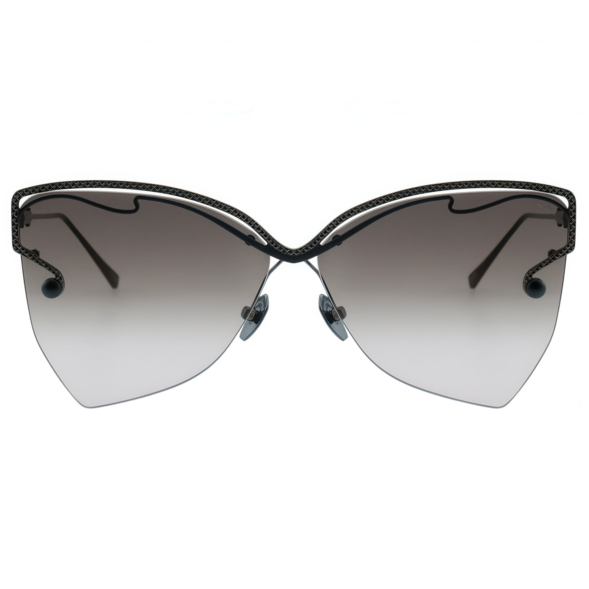 Sunglasses with a black frame and gradient lenses on a white background
