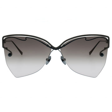 Sunglasses with a black frame and gradient lenses on a white background