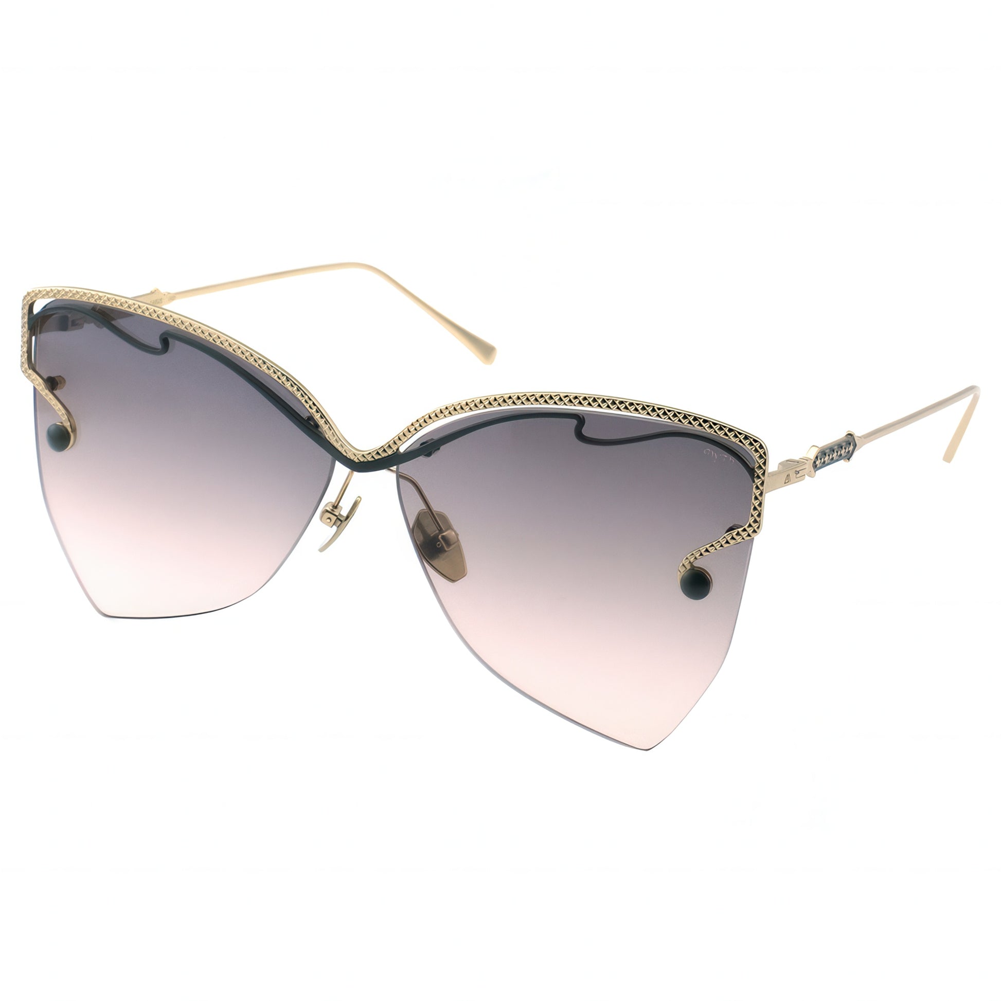 Sunglasses with gold frame and gradient lenses on a white background