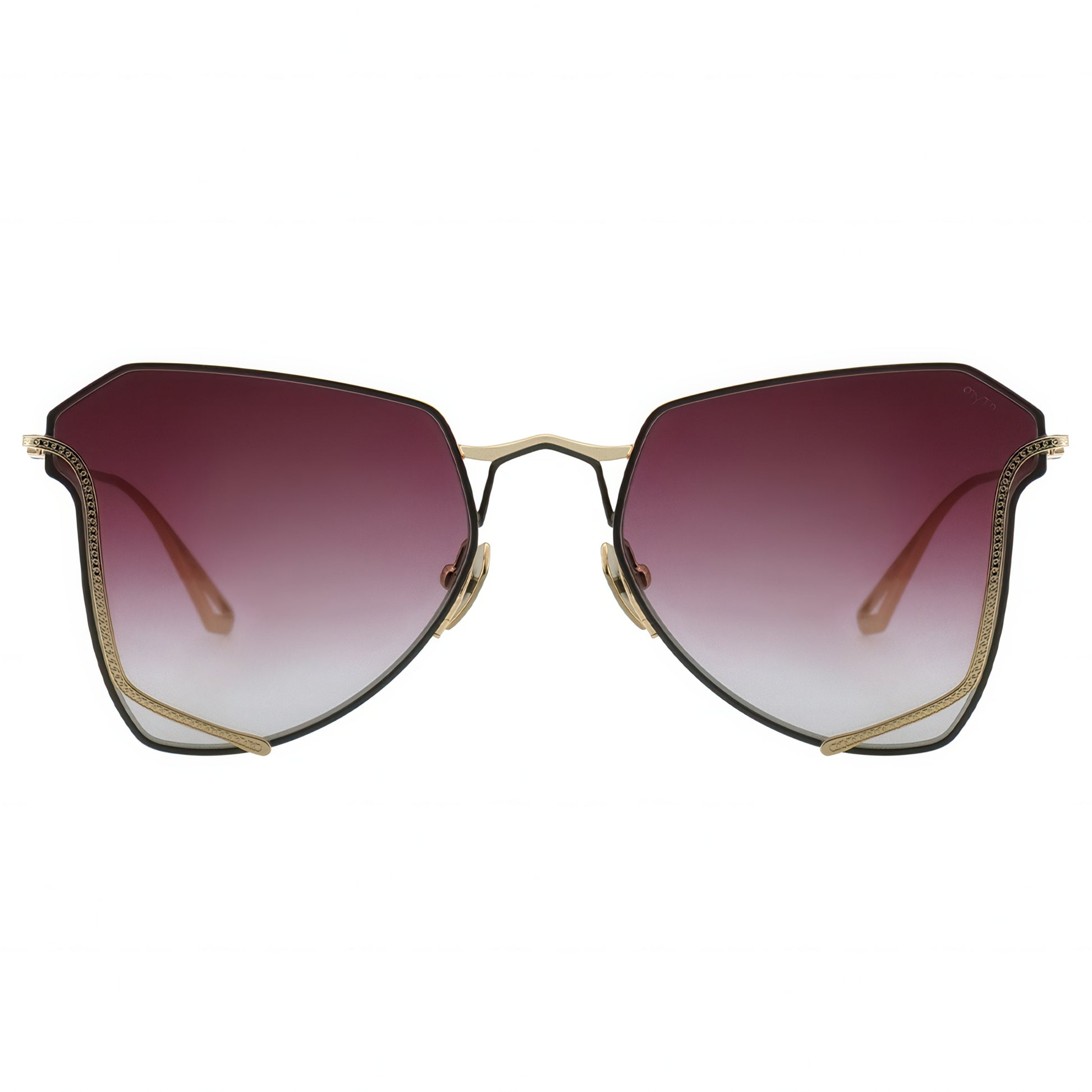 Sunglasses with gold frame and gradient red lenses on a white background