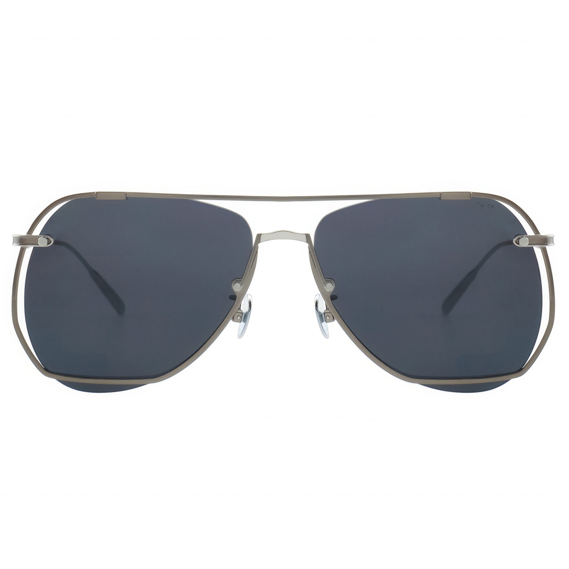 Aviator sunglasses with dark lenses on a white background
