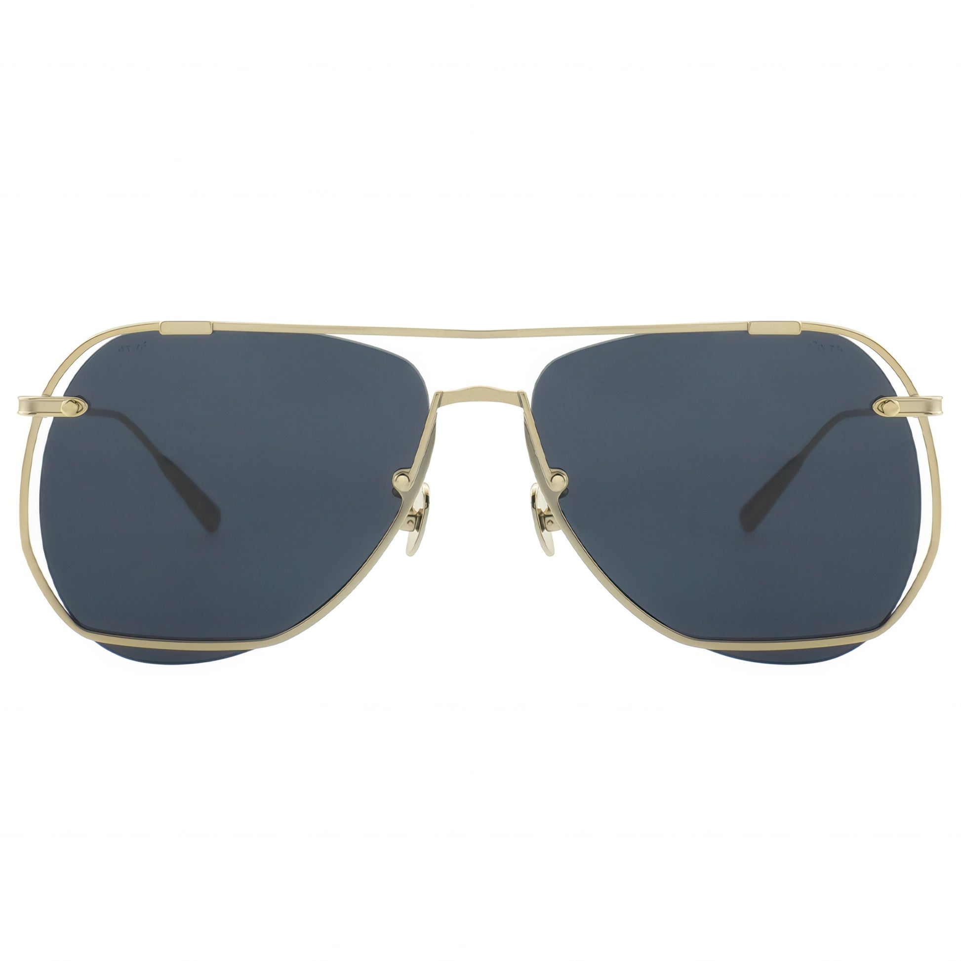 Gold-framed sunglasses with dark lenses on a white background