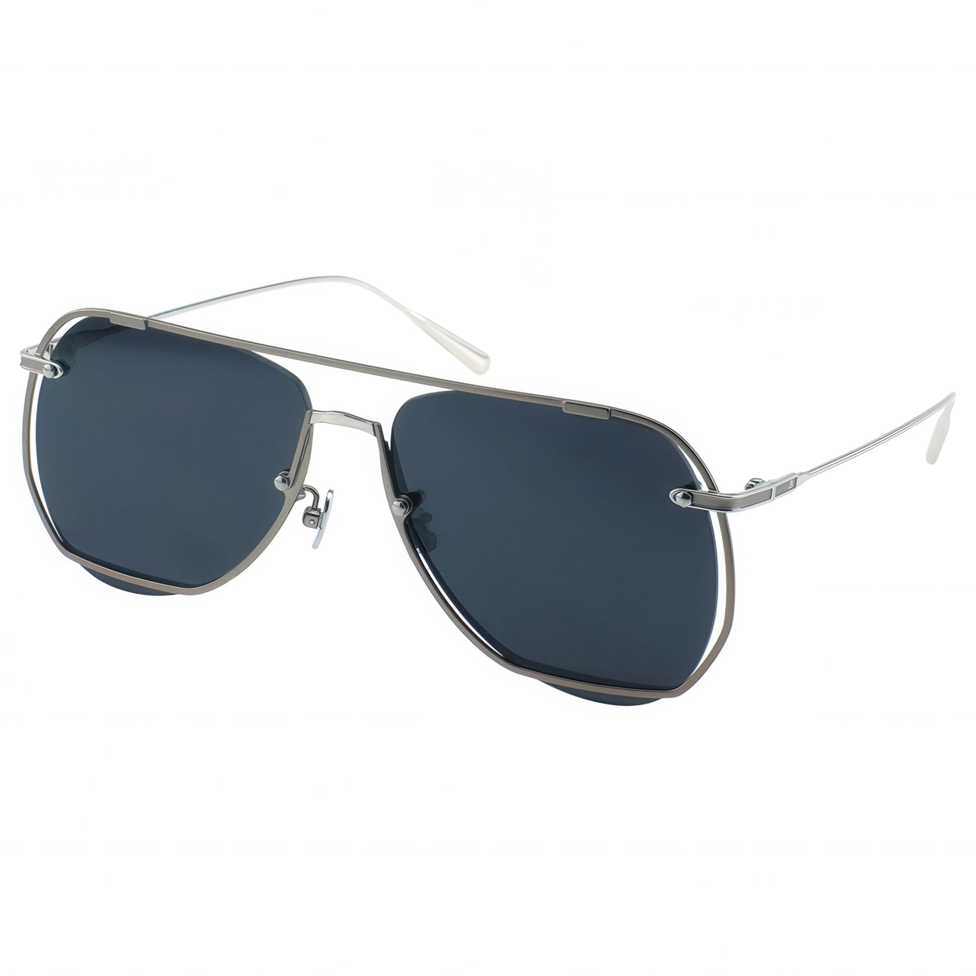 Sunglasses with dark lenses and thin metal frame on a white background