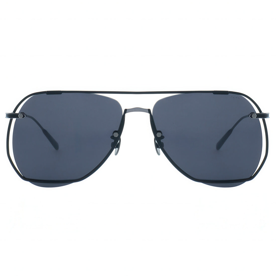 Sunglasses with dark lenses and thin metal frame on a white background