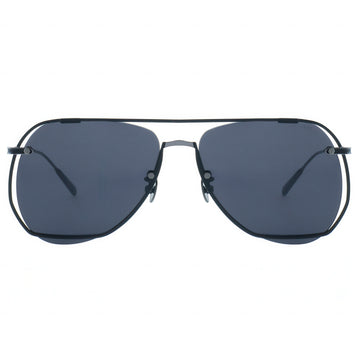 Sunglasses with dark lenses and thin metal frame on a white background