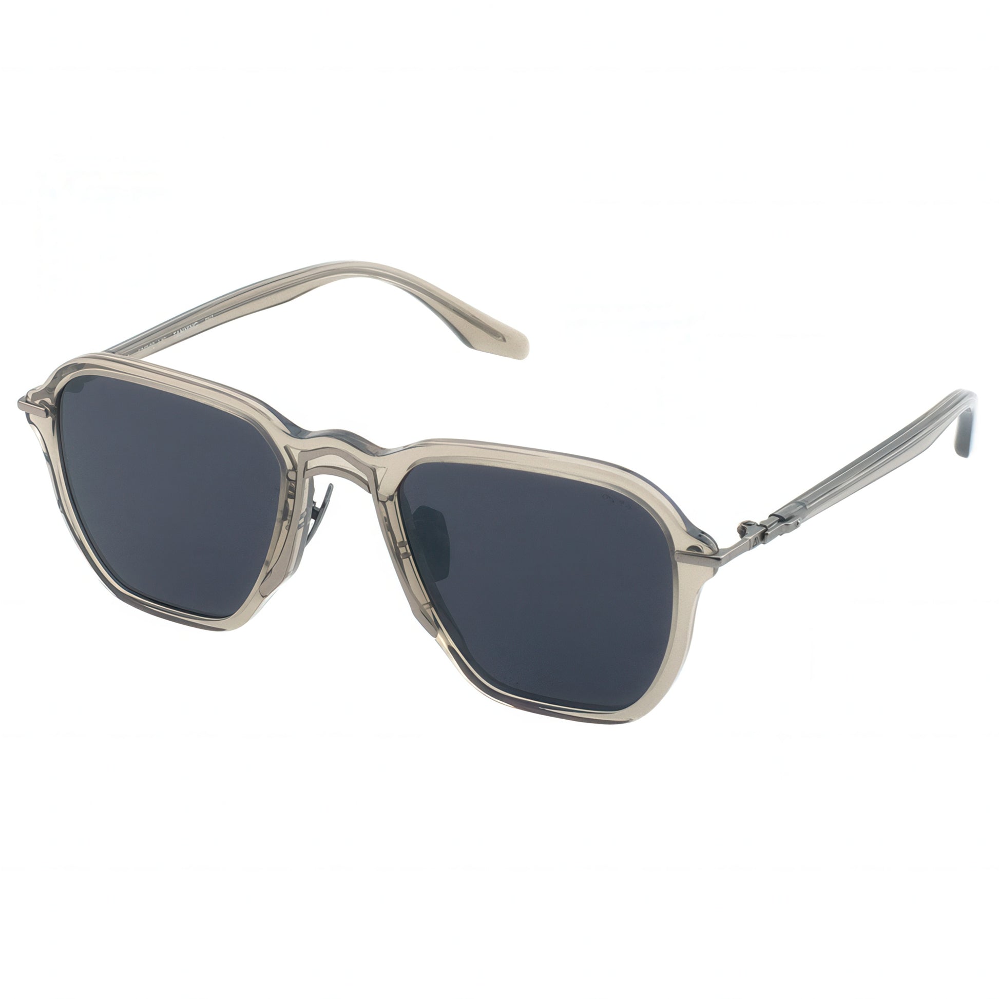 Sunglasses with dark lenses and thin metal frame on a white background