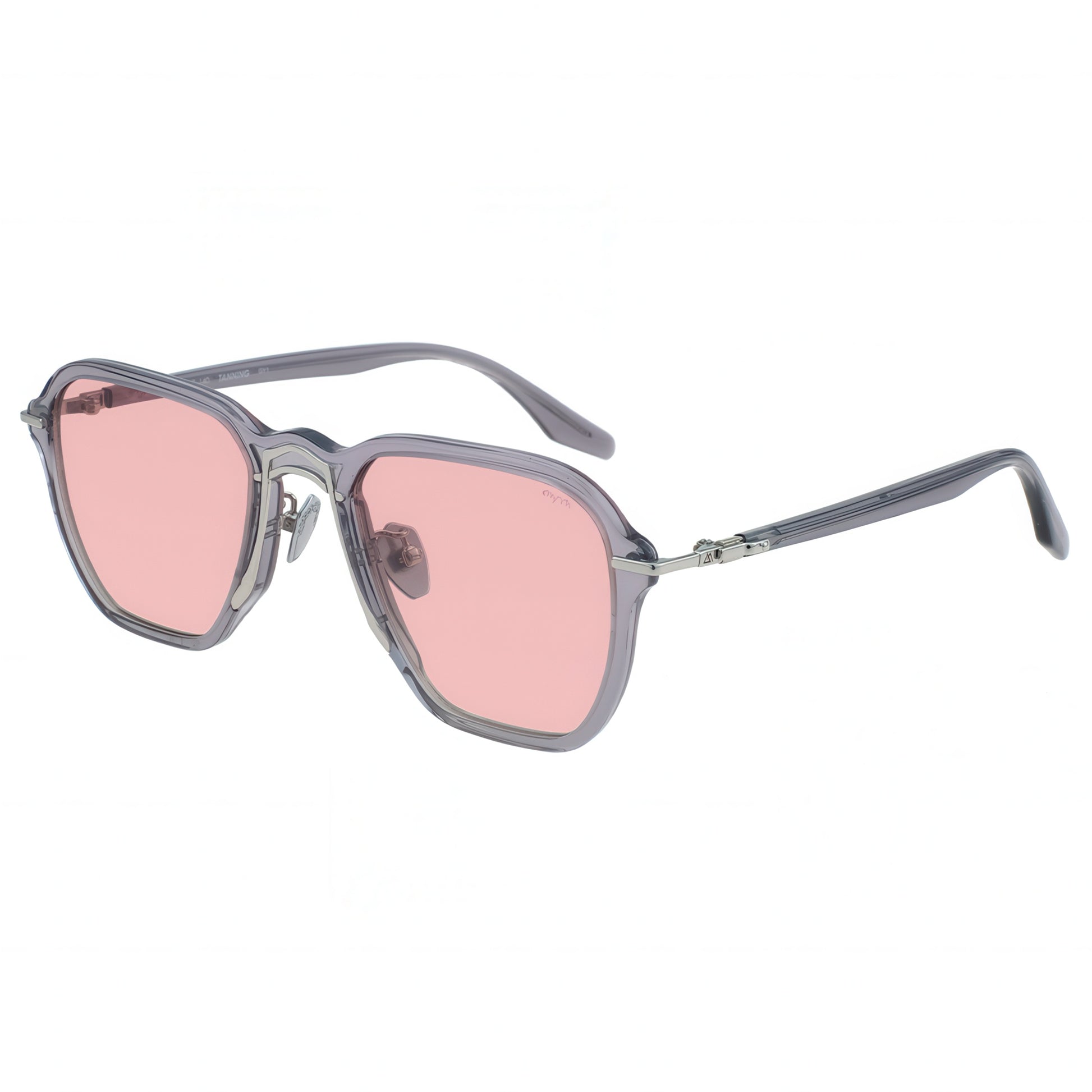 Sunglasses with pink lenses and gray frames on a white background