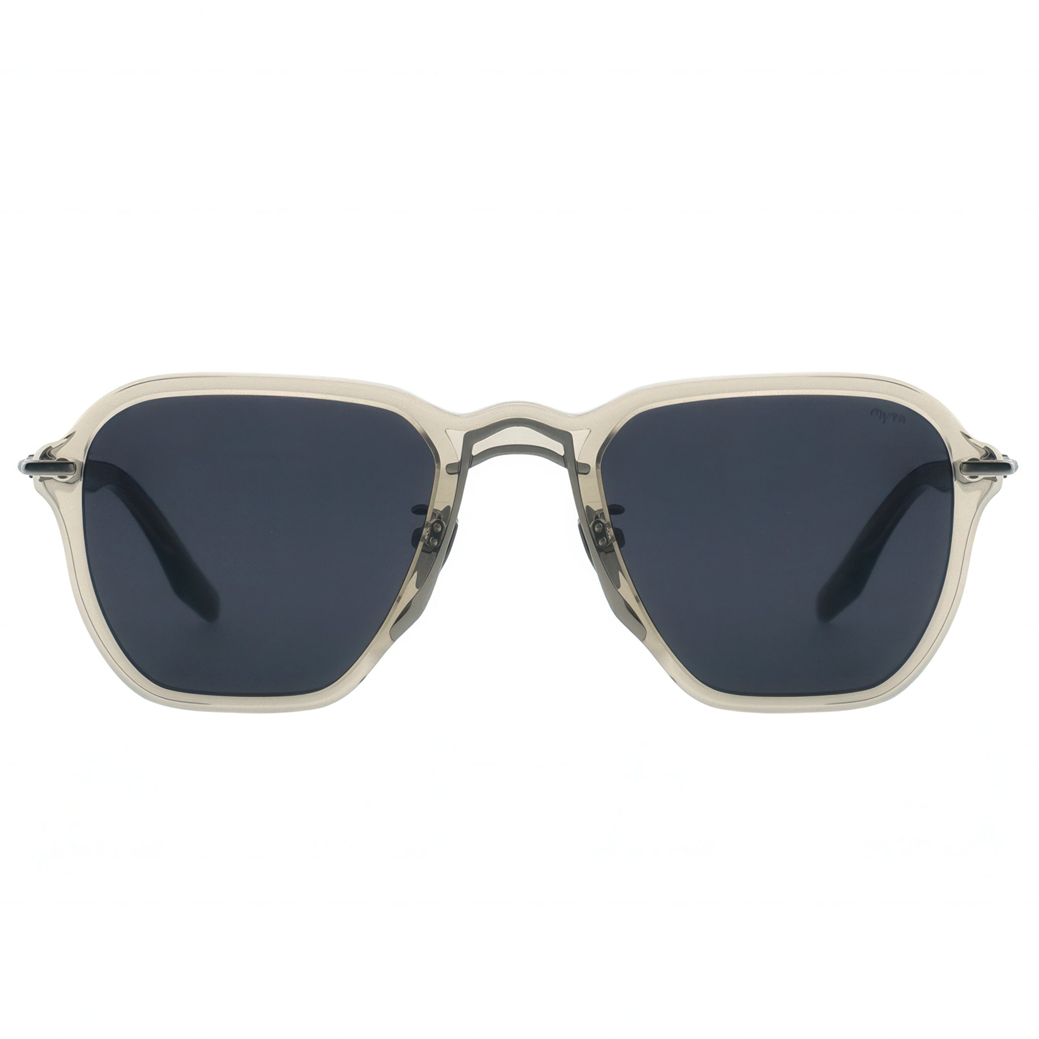 Sunglasses with dark lenses and a clear frame on a white background