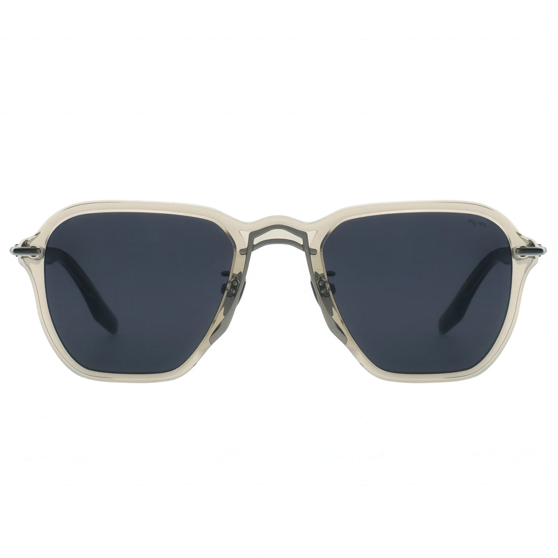 Sunglasses with dark lenses and a clear frame on a white background