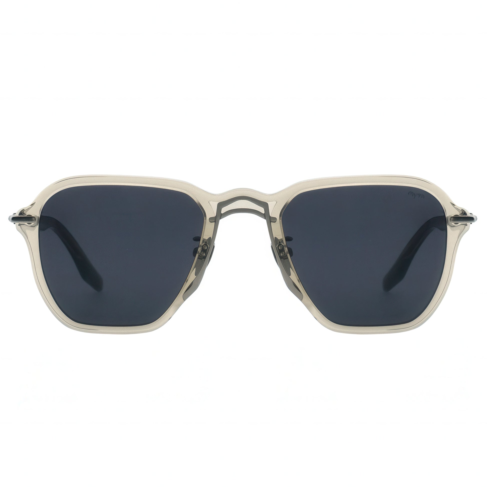 Sunglasses with dark lenses and a clear frame on a white background