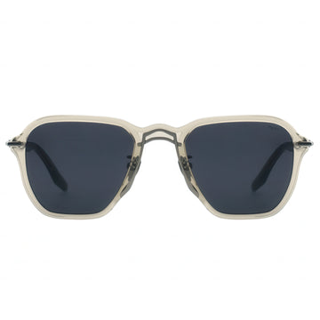 Sunglasses with dark lenses and a clear frame on a white background