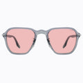 Sunglasses with pink lenses and gray frames on a white background