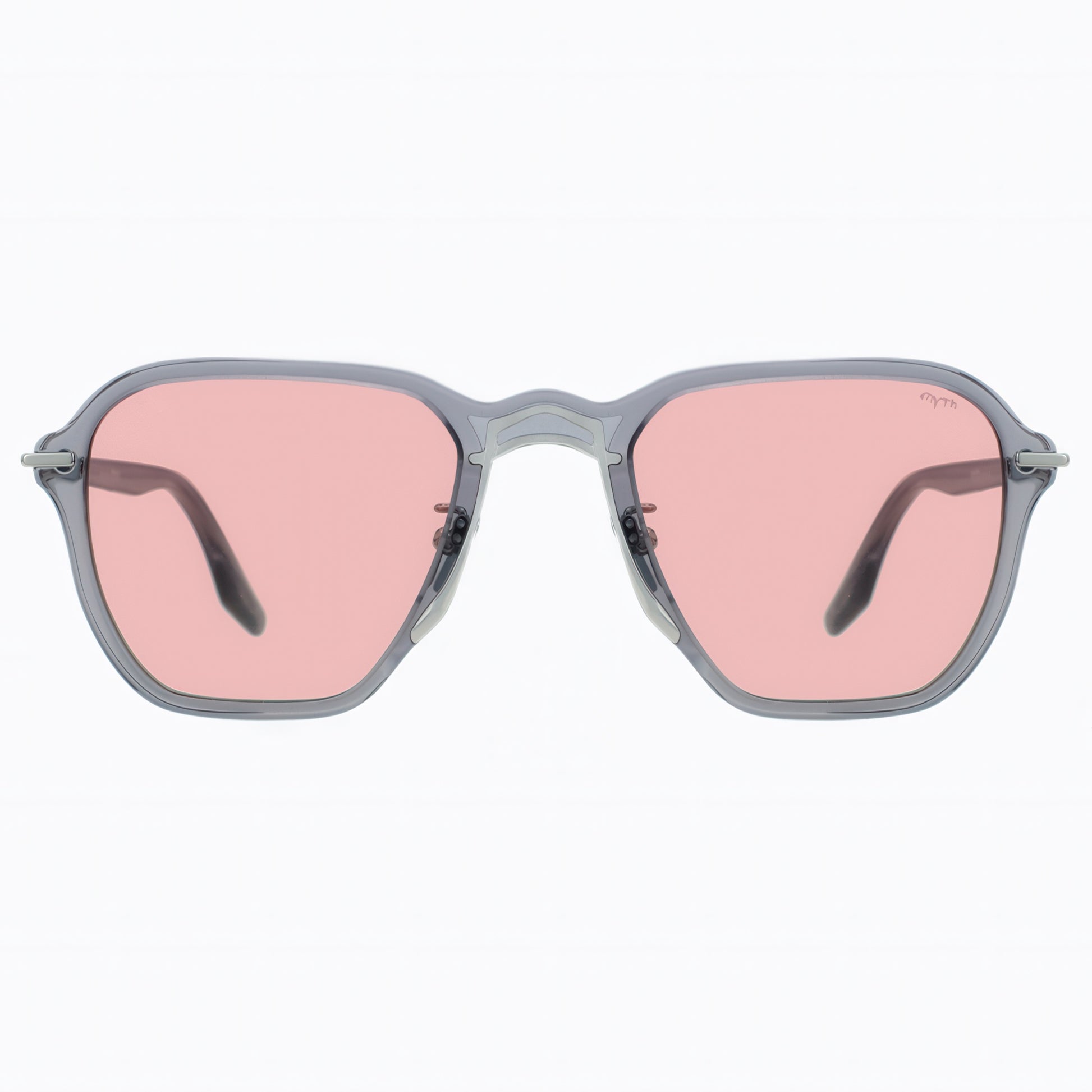 Sunglasses with pink lenses and gray frames on a white background
