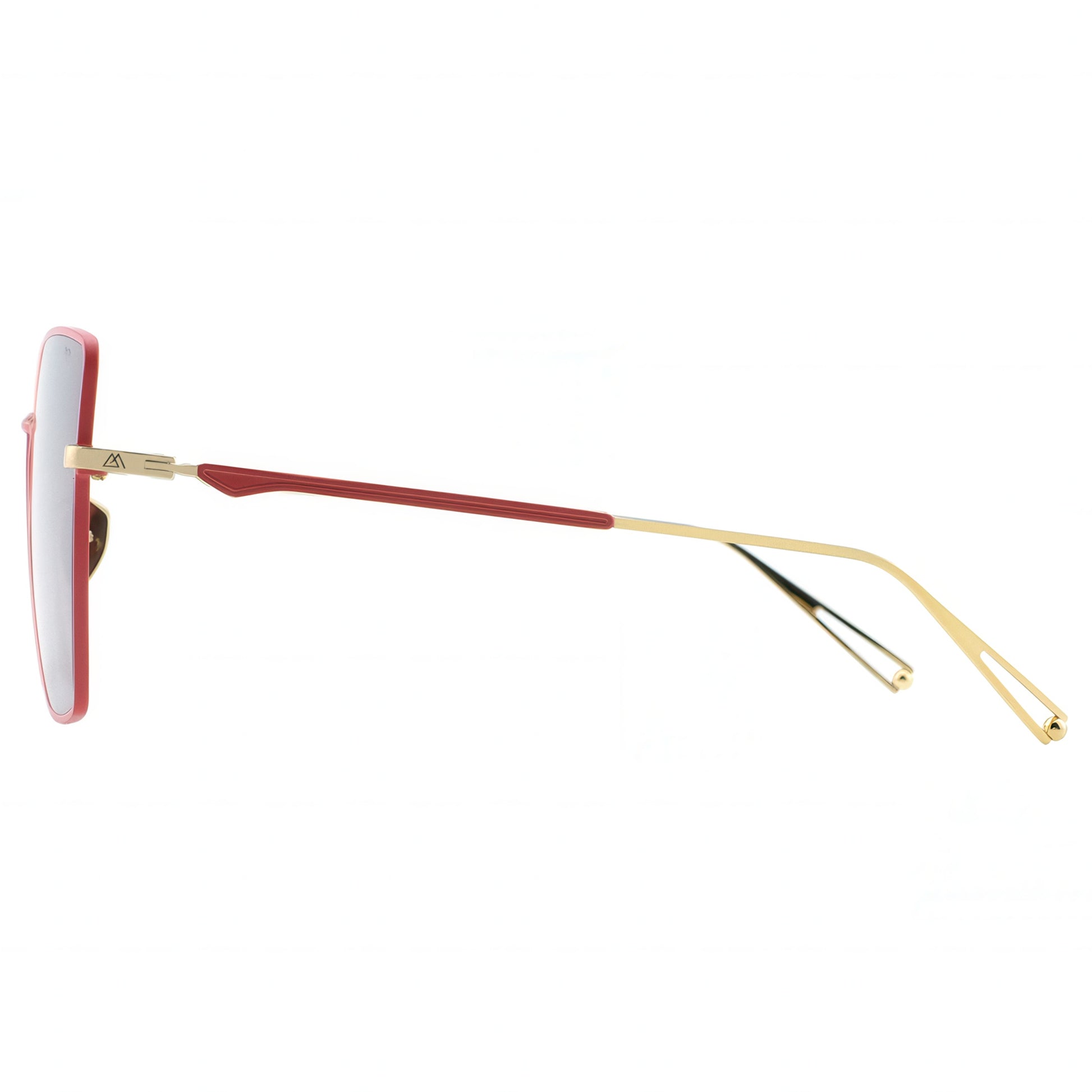 Sunglasses with red frame and gold arms on a white background