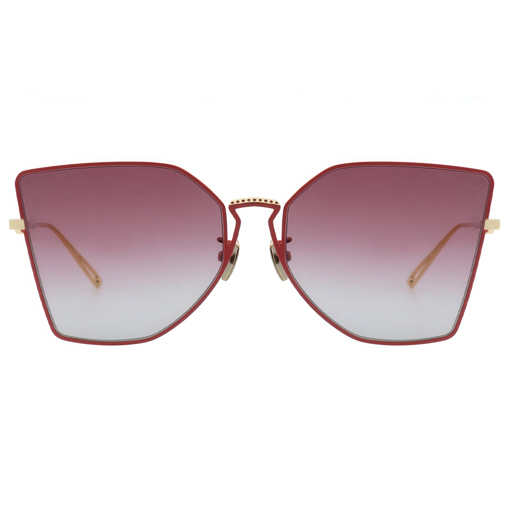 Sunglasses with red gradient lenses and gold frame on a white background