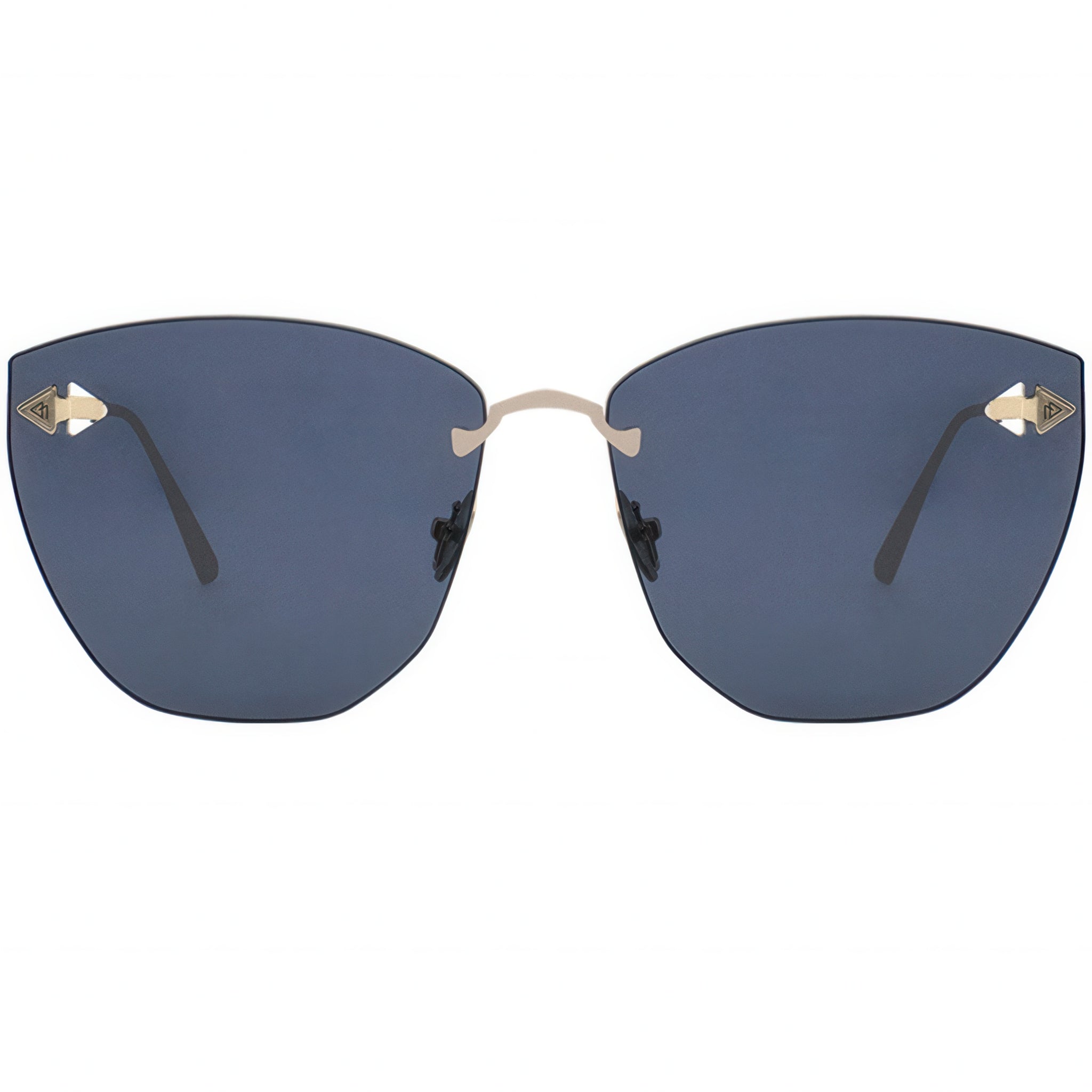 Sunglasses with blue lenses and gold frames on a white background