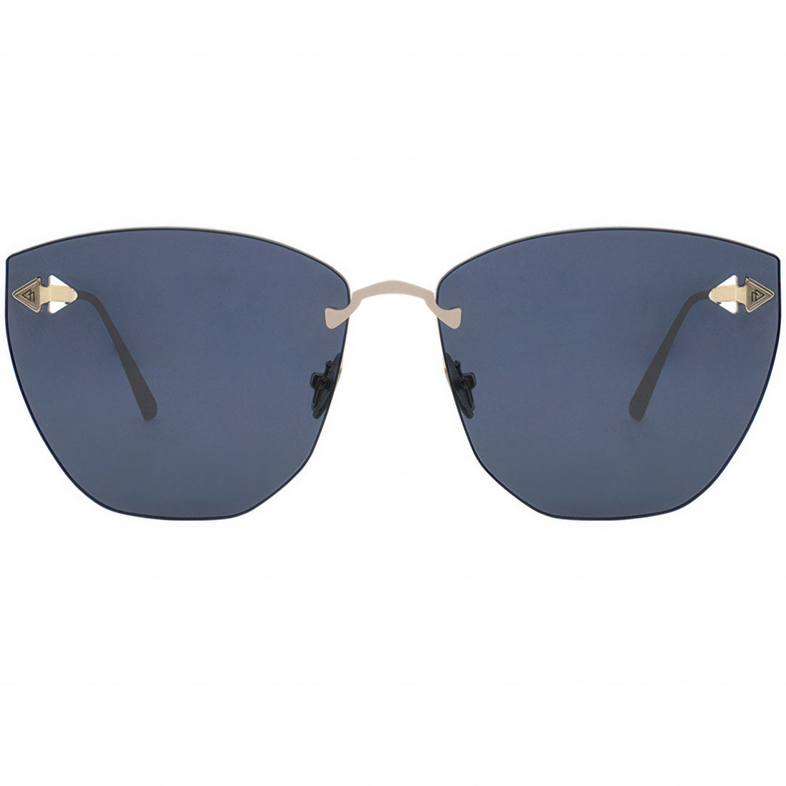 Sunglasses with blue lenses and gold frames on a white background