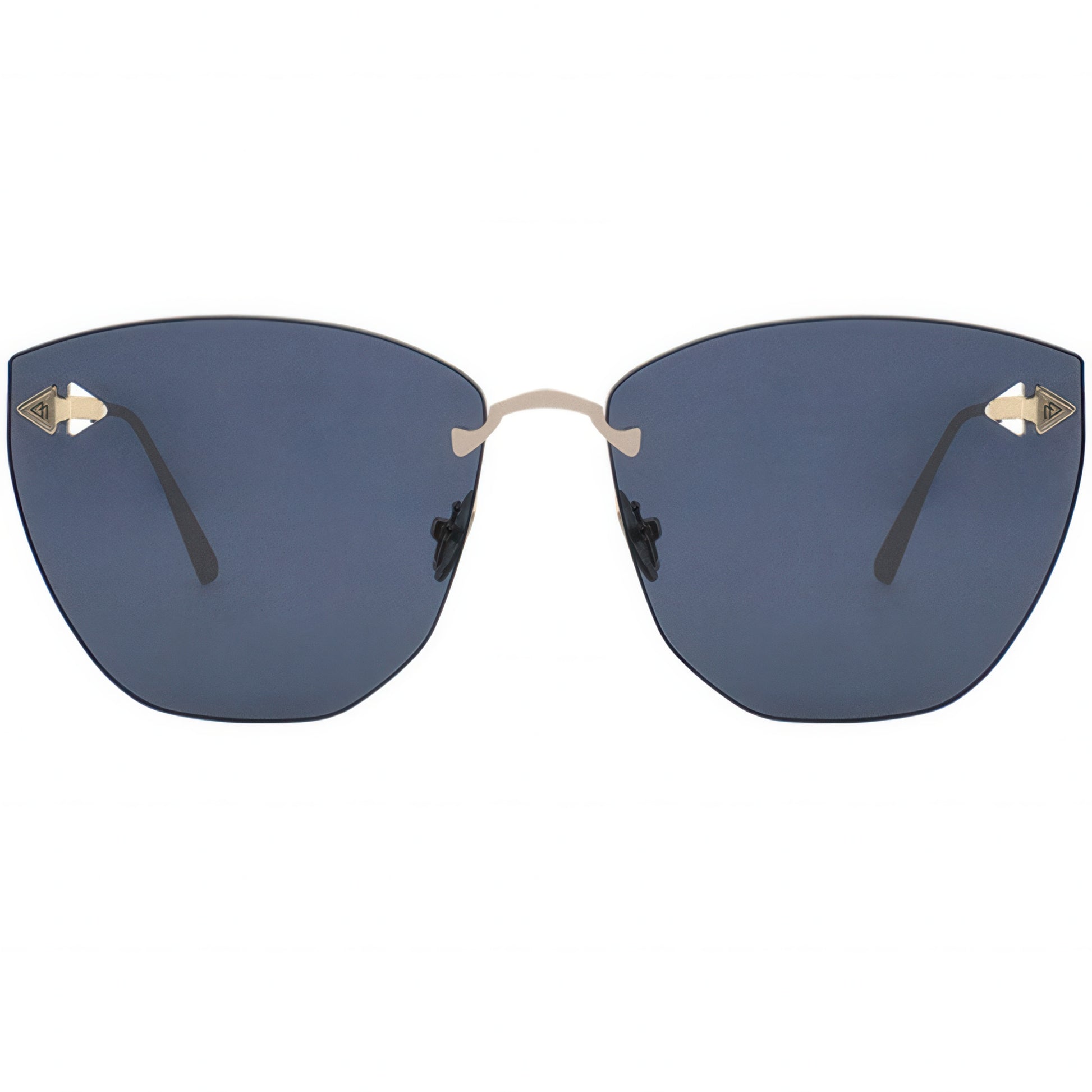 Sunglasses with blue lenses and gold frames on a white background