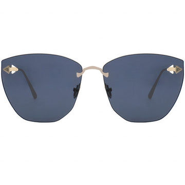 Sunglasses with blue lenses and gold frames on a white background