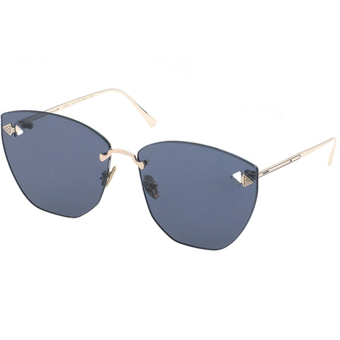 Sunglasses with blue lenses and gold frames on a white background