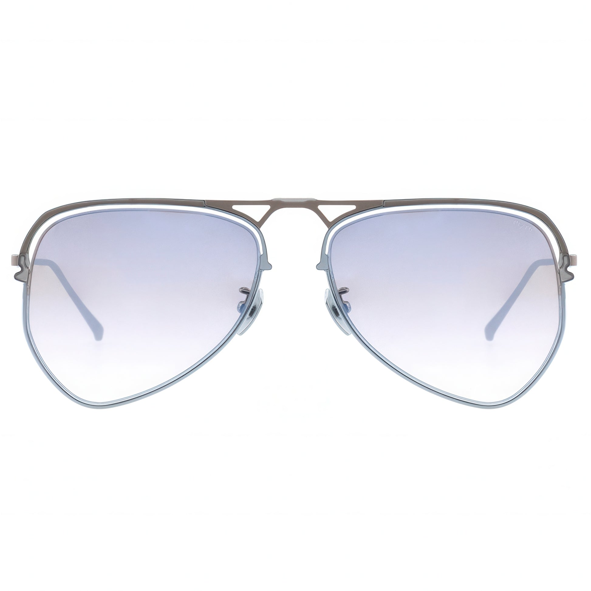 Aviator sunglasses with gradient purple lenses on a white background