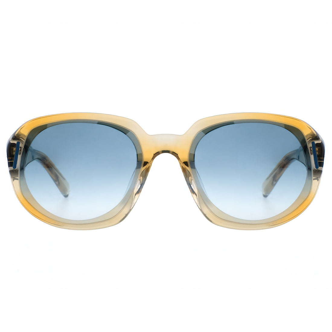 Sunglasses with yellow frame and blue gradient lenses on a white background
