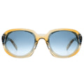 Sunglasses with yellow frame and blue gradient lenses on a white background