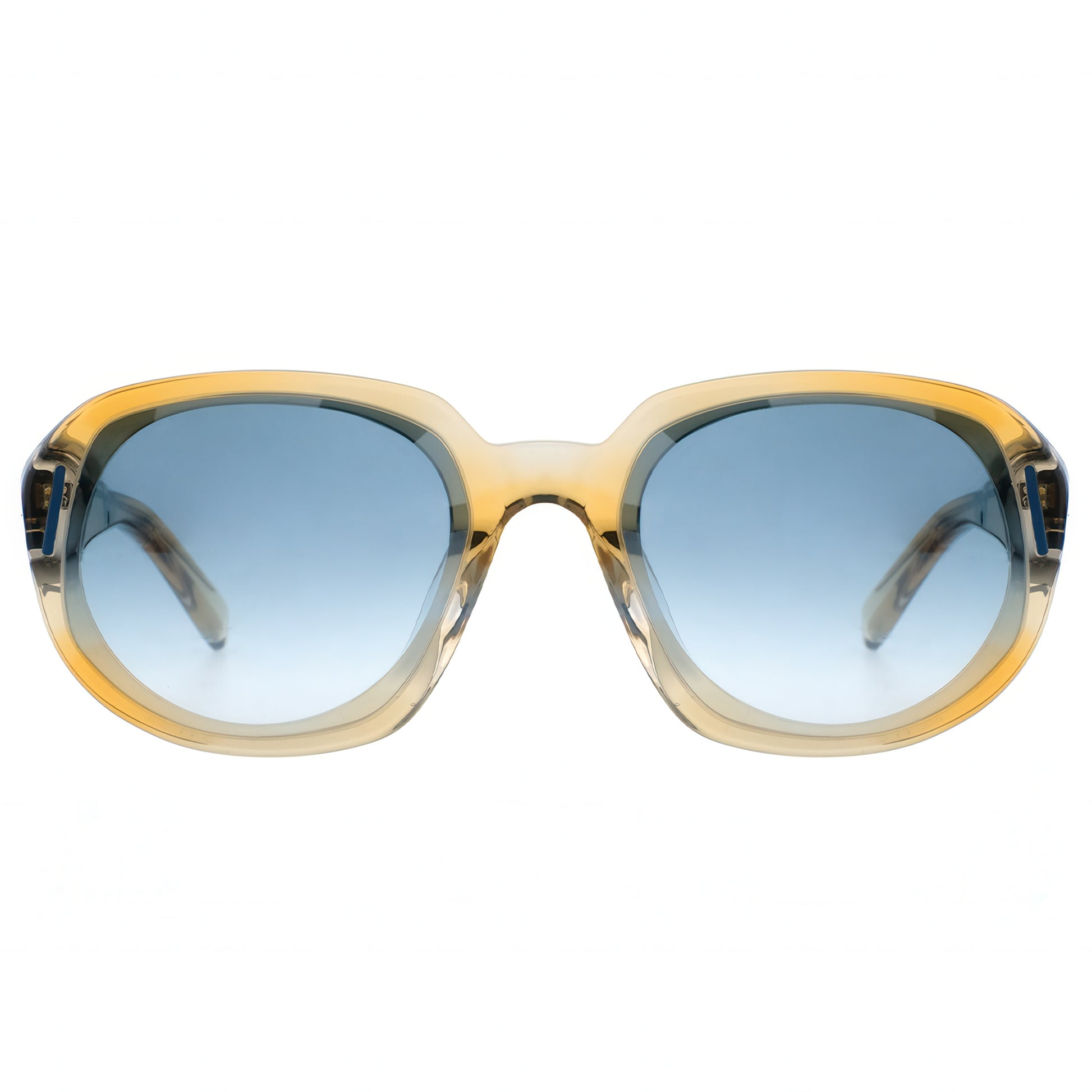 Sunglasses with yellow frame and blue gradient lenses on a white background