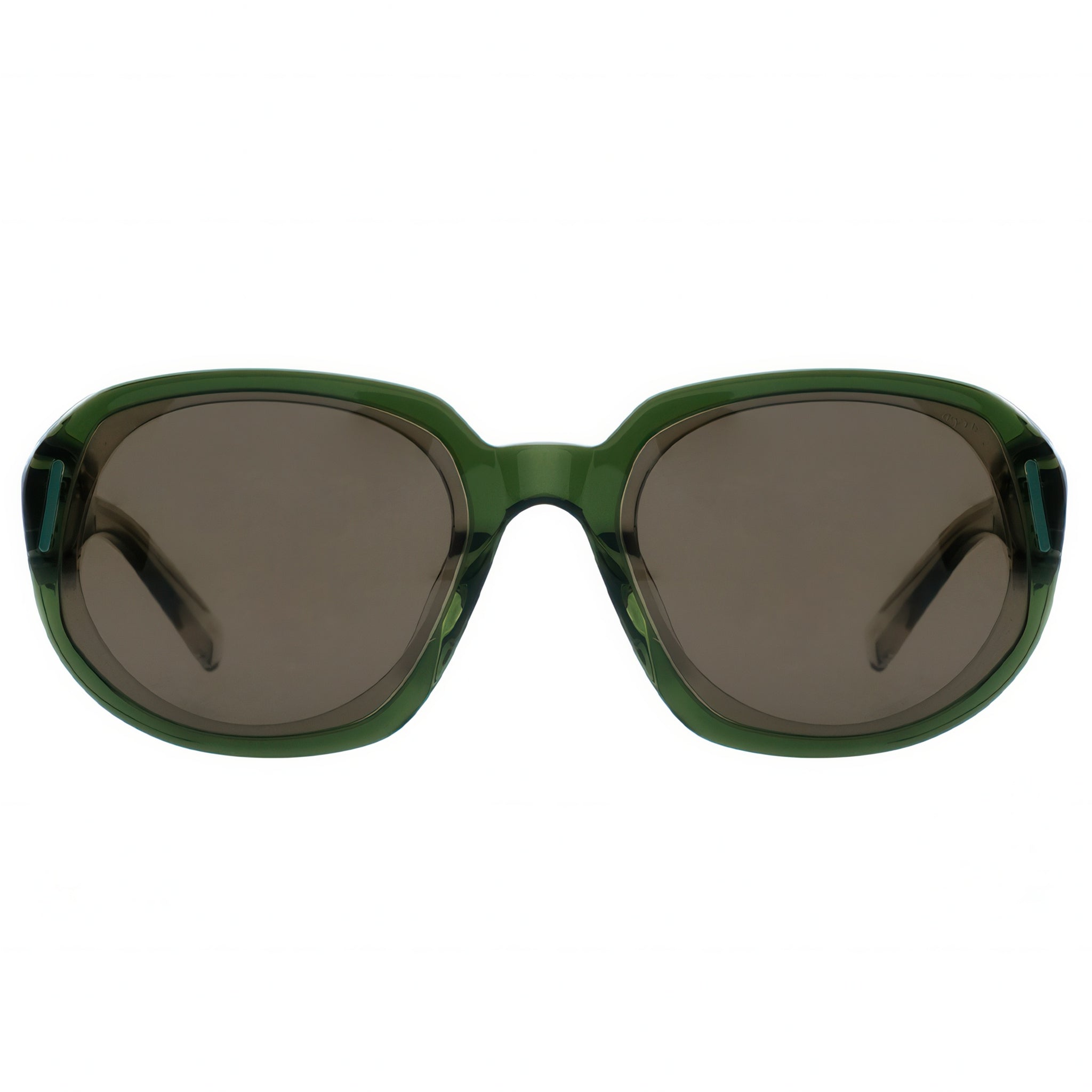 Green sunglasses with dark lenses on a white background